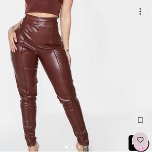 Prettylittlething Shape Chocolate Brown PU Seam Detail High Waist Pants